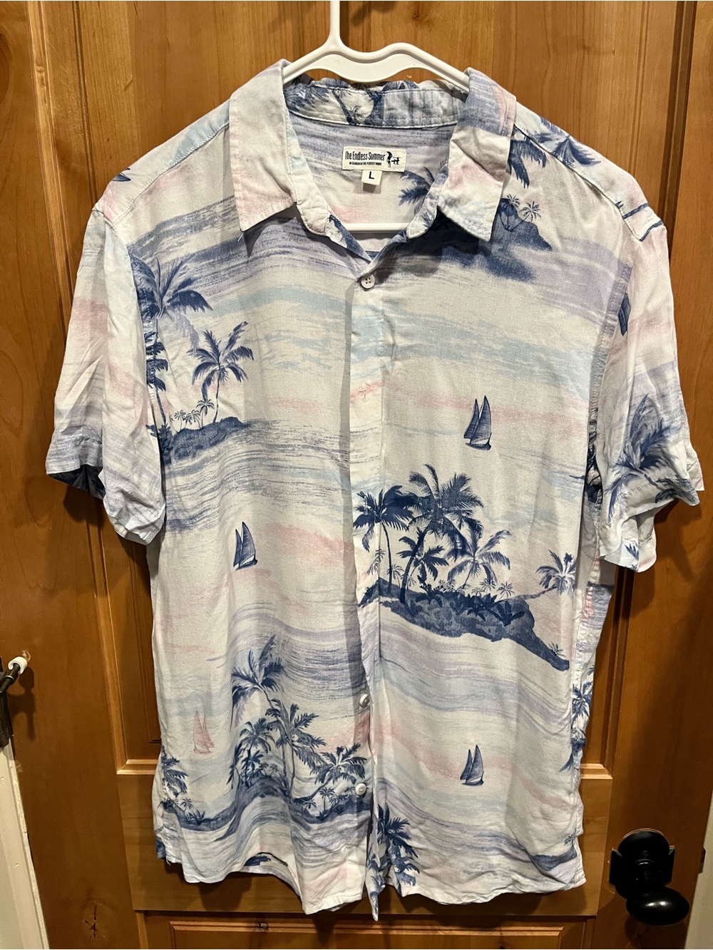 Casual Beach-Print Short Sleeve Button-Down Shirt - Blue